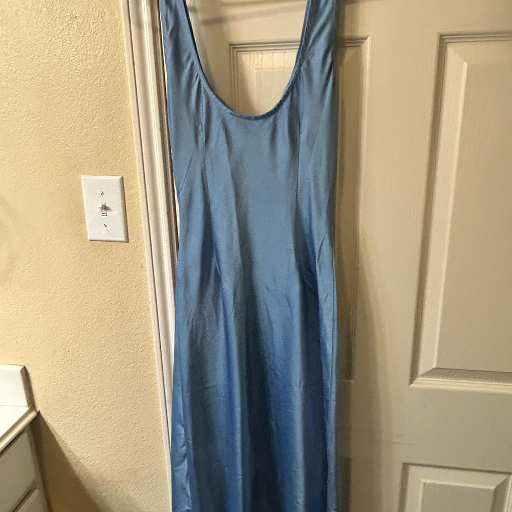 Beige by eci Blue Satin Maxi Dress